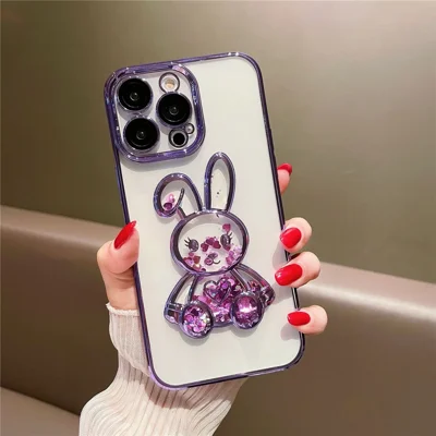 For iPhone 12 Pro 6.1 inch Quicksand Rabbit Decor Phone Protective Case Electroplating TPU Back Cover with Tempered Glass Lens Protection Film - Purple