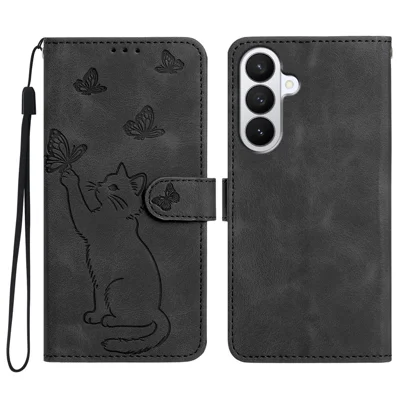 For Samsung Galaxy S27+ Wallet Case Imprinted Cat Butterfly Leather Phone Cover with Wrist Strap - Black