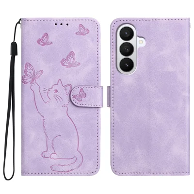 Funda tipo cartera para Samsung Galaxy S27+, funda de cuero con estampado de gato y mariposa con correa para muñeca - Morado