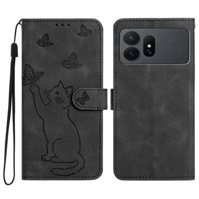 For Samsung Galaxy S27 Ultra Wallet Case Imprinted Cat Butterfly Leather Phone Cover with Wrist Strap - Black