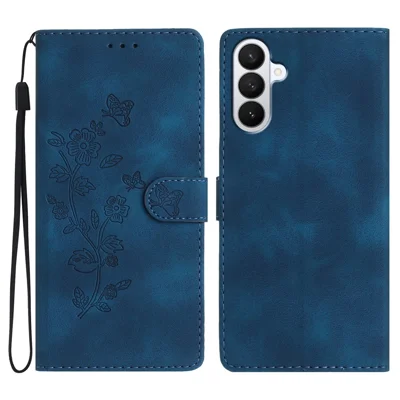 For Samsung Galaxy S27+ Leather Case Imprinted Flower Phone Cover with Wrist Strap - Blue