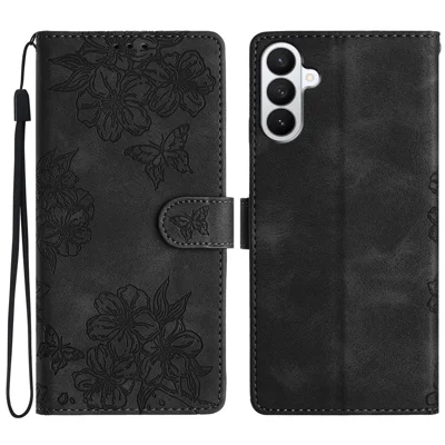 Cover per Samsung Galaxy S27 con Motivo Farfalla e Fiore, Rivestimento in Pelle Effetto Tattile - Nero