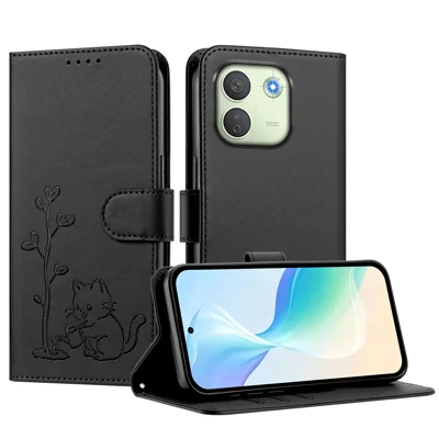 Obudowa dla Xiaomi Redmi Note 17 Pro Max 5G / Xiaomi Redmi Note 17 Pro+ 5G z motywem kota podlewającego roślinę, portfelowa obudowa ze sztucznej skóry PU z uchwytem do telefonu - Czarny