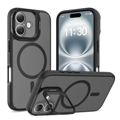 For iPhone 16 Plus Magnetic Case Camera Lens Frame Kickstand PC + TPU Phone Cover - Black