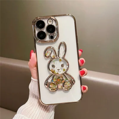For iPhone 13 Pro 6.1 inch Lovely Quicksand Rabbit Design Back Case Fall Proof Electroplating TPU Cover with Tempered Glass Lens Film - Gold