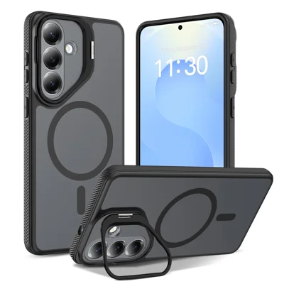 Magnetic Case for Samsung	Galaxy S26+ / S25+ / S24+ , Camera Lens Frame Kickstand PC + TPU Phone Cover - Black