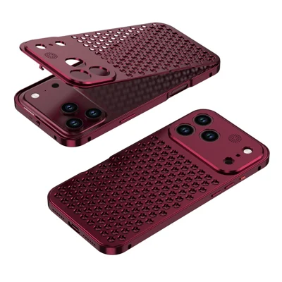 Cover per iPhone 18 Pro / 17 Pro in Lega Metallica con Raffreddamento Esagonale e Funzione Aromaterapia - Rosso Scuro