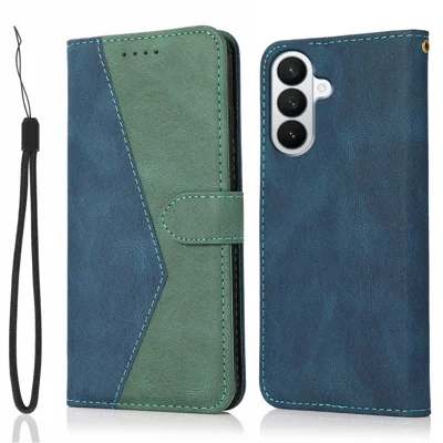 For Samsung Galaxy S27+ Case Color Splicing Wallet Stand Leather Phone Cover with Wrist Strap - Blue  /  Green