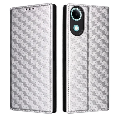For vivo Y05e 4G / T5e 4G Case Wallet Rhombus Imprinted PU Leather Phone Cover - Silver