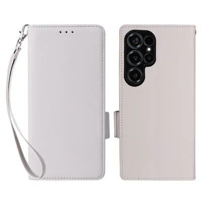 For Oukitel C66 Case Litchi Texture Wallet Leather Phone Cover with Wrist Strap - White