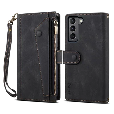 ESEBLE Star Series Flip Leather Wallet Case for Samsung Galaxy S23, PU Leather Multi-functional Zipper Pocket Stand Shockproof Cell Phone Cover with Hand Strap - Black