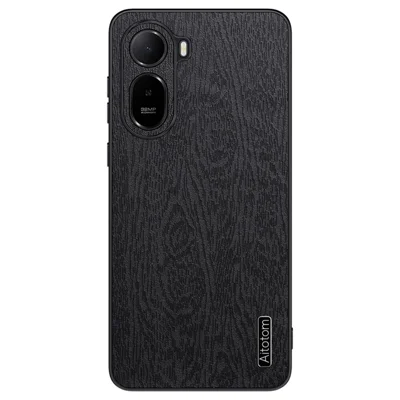 For Xiaomi Redmi A7 Pro 5G Case Wood Texture PU Leather Coated PC TPU Phone Cover - Black