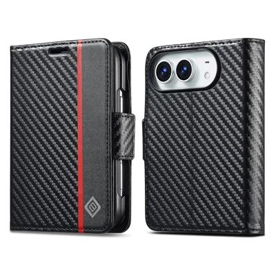 LC.IMEEKE for iPhone Duo Wallet Case Carbon Fiber Texture Leather Phone Cover - Vertical Stripe