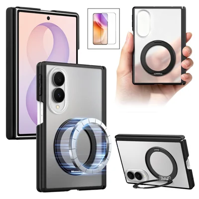Чехол для Samsung Galaxy Z Fold8 с поворотной подставкой, тактильный чехол из поликарбоната и ТПУ с защитным стеклом - Черный