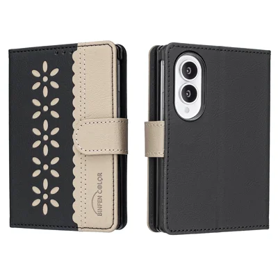  BINFEN COLOR for Samsung Galaxy Z Fold8 BF36 Leather Case Floral Pattern Phone Cover RFID Blocking Wallet Stand - Black