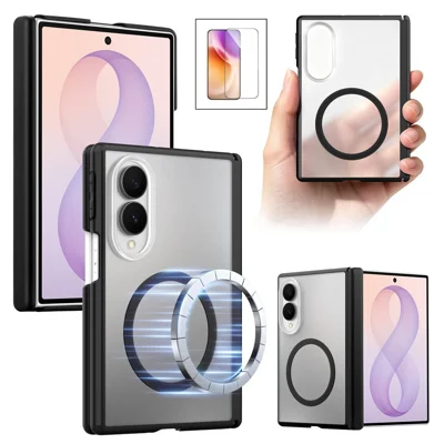 Чехол для Samsung Galaxy Z Fold8 магнитный, с текстурой Soft-Touch, из поликарбоната и термополиуретана, с защитой шарнира и закалённым стеклом - чёрный
