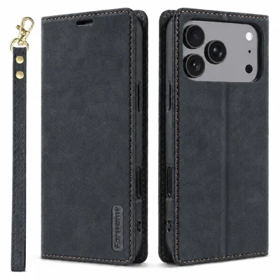FORWENW F11 per iPhone 18 Pro / 17 Pro Custodia in PU Leather con Chiusura Magnetica, Supporto, Portafoglio e Cinturino da Polso - Nero