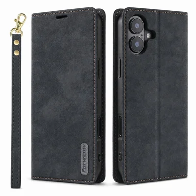 FORWENW F11 für iPhone 17 Hülle aus PU-Leder mit Magnetverschluss, Ständer, Brieftasche und Handschlaufe - Schwarz