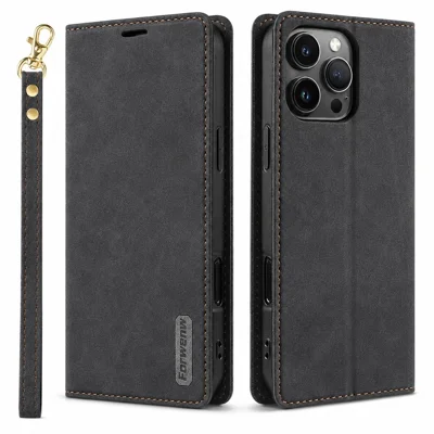FORWENW F11 für iPhone 16 Pro Max Hülle aus PU-Leder mit Magnetverschluss, Ständer, Brieftasche und Handschlaufe - Schwarz