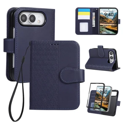 For iPhone Duo Case Imprinted Rhombus Leather Wallet Phone Cover with Wrist Strap - Blue