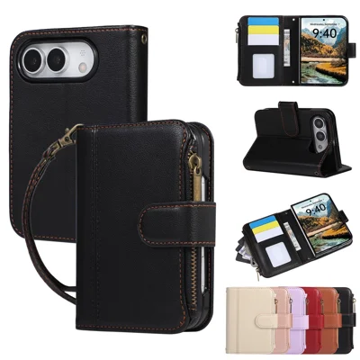 Funda para iPhone Duo con múltiples ranuras para tarjetas, cartera con cremallera y correa de mano - Negro