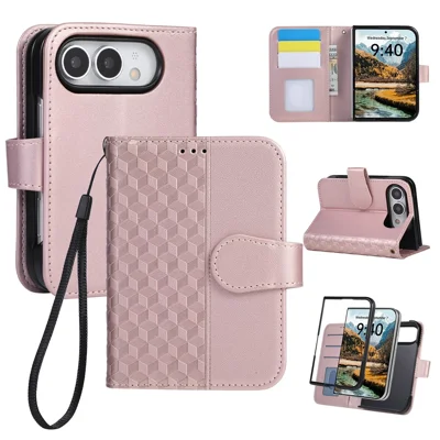 For iPhone Duo Case 3D Rhombus Grid Imprinted Wallet Leather Phone Cover with Wrist Strap - Rose Gold