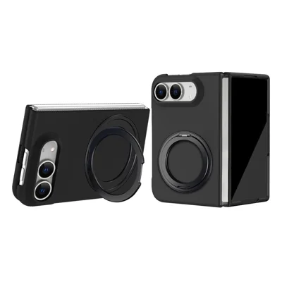 For iPhone Duo Magnetic Case Ring Kickstand Hard PC Cover with Tempered Glass Screen Film - Black