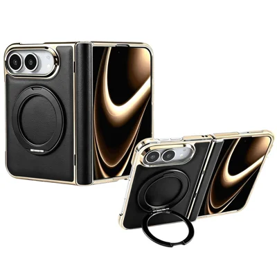 For iPhone Duo Case with Tempered Glass Film Rotating Magnetic Kickstand Nappa Grain Leather Phone Cover - Black