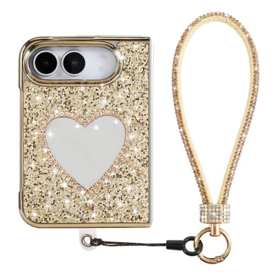 For iPhone Duo Magnetic Foldable Case Glitter Heart Mirror Electroplated Cover with Diamond Lanyard - Gold