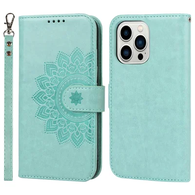 For iPhone 14 Pro R61 Texture Felled Seam PU Leather + TPU Foldable Stand Phone Case Pattern Imprinted Wallet Cover - Light Green