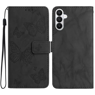 Étui en cuir pour Samsung Galaxy S27+ avec motif imprimé de fleur de papillon, étui portefeuille à support rabattable avec sangle de poignet - Noir