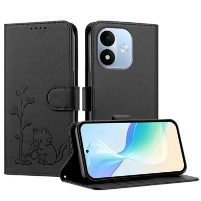 Obudowa dla Xiaomi Redmi Note 17 5G (Global) / Xiaomi Redmi Note 17 (Indie/Chiny) 5G / Xiaomi Redmi Note 17 4G (Global) z Motywem Kota Podlewającego Roślinę, Skóra PU, Portfel, Stojak, Czarna
