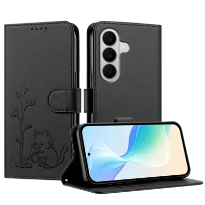 Cover per Samsung Galaxy S27 con Motivo Gatto che Innaffia una Pianta, Custodia Portafoglio in Vera Pelle PU con Supporto - Nero