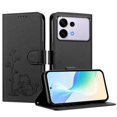  For Samsung Galaxy S27 Ultra Case Cat Watering Plant Pattern PU Leather Wallet Stand Phone Cover - Black