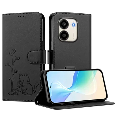  For Honor X6e 4G / Honor Play 80 Plus 5G / Honor X7e 4G Case Cat Watering Plant Pattern PU Leather Wallet Stand Phone Cover - Black