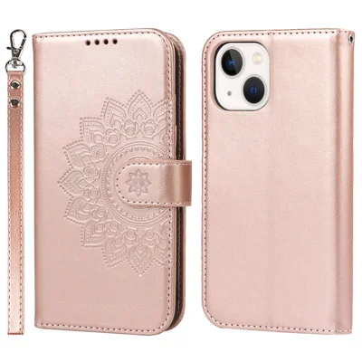 For iPhone 14 Plus R61 Texture Felled Seam PU Leather + TPU Viewing Stand Phone Case Pattern Imprinted Wallet Cover - Rose Gold