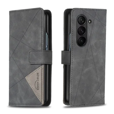  BINFEN COLOR for Samsung Galaxy Z Fold8 Ultra Phone Case Wallet Stand Geometry Imprinted Leather Cover - Black