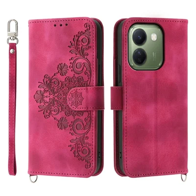 For vivo V80 Lite 5G Wallet Case Flower Pattern PU Leather Phone Cover with Strap - Wine Red