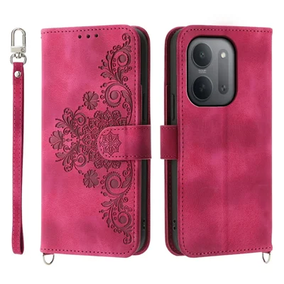 For Xiaomi Redmi 17C 5G Wallet Case Flower Pattern PU Leather Phone Cover with Strap - Wine Red