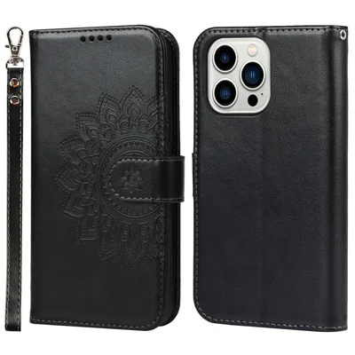 For iPhone 14 Pro Max R61 Texture Felled Seam PU Leather + TPU Hands-free Stand Phone Case Pattern Imprinted Wallet Cover - Black