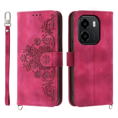Wallet Case For Honor X6e 4G  /  X7e 4G  /  Play 80 Plus 5G Flower Pattern PU Leather Phone Cover with Strap - Wine Red