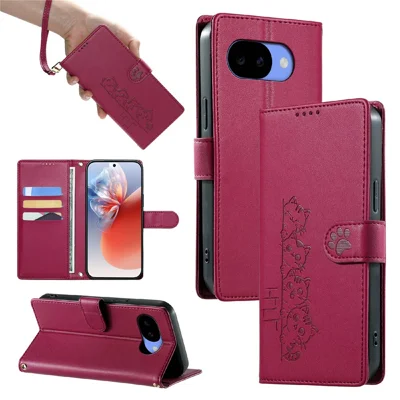 For oogle Pixel 11a Case Sjov Kattemønster PU Læder Wallet Telefonbeskytning med Håndledsrem - Rose
