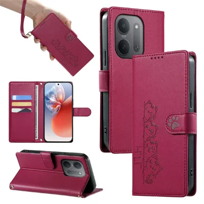 For Xiaomi Redmi 17C 5G Case Adorable Cat Pattern PU Leather Wallet Phone Cover with Wrist Strap - Rose