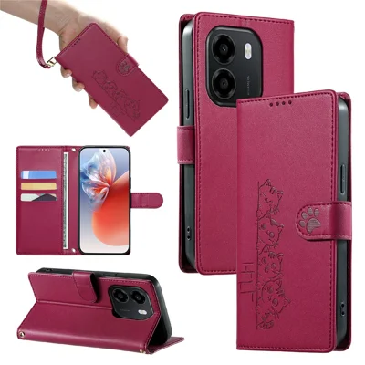 Wallet Case For Honor X6e 4G  /  X7e 4G  /  Play 80 Plus 5G Adorable Cat Pattern PU Leather Phone Cover with Wrist Strap - Rose