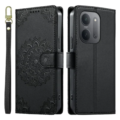 For Xiaomi Redmi 17C 5G Case Embossed Totem Leather Flip Wallet Phone Cover with Wrist Strap - Black