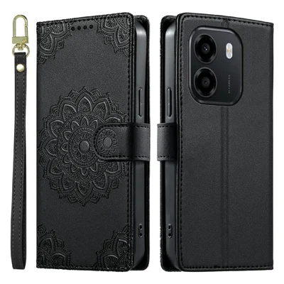 Wallet Case For Honor X6e 4G  /  X7e 4G  /  Play 80 Plus 5G Embossed Totem Leather Flip Phone Cover with Wrist Strap - Black