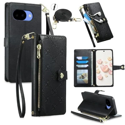 Custodia in pelle per Google Pixel 11a con stampa a cuori, tasca con cerniera e portafoglio con cinghie corte e lunghe - Nero