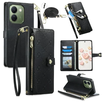 For vivo V80 Lite 5G Leather Case Hearts Imprint Zipper Pocket Wallet Phone Cover with Short and Long Straps - Black