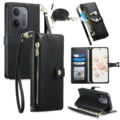 For Xiaomi Redmi 17C 5G Leather Case Hearts Imprint Zipper Pocket Wallet Phone Cover with Short and Long Straps - Black