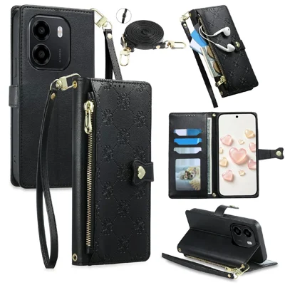 Funda de Cuero para Honor X6e 4G / X7e 4G / Play 80 Plus 5G con Corazones Estampados, Bolsillo con Cremallera y Correa Corta y Larga - Negro